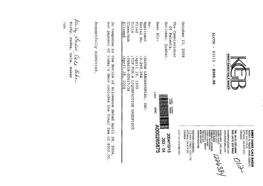 Document de brevet canadien 2269264. Correspondance 20041013. Image 1 de 1