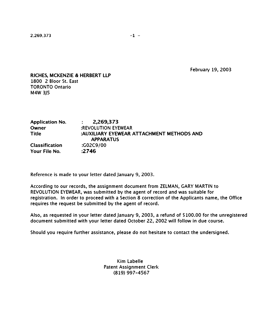 Document de brevet canadien 2269373. Correspondance 20030219. Image 1 de 1
