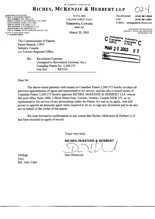 Document de brevet canadien 2269373. Correspondance 20030320. Image 1 de 1