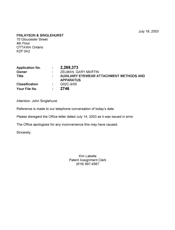 Document de brevet canadien 2269373. Correspondance 20030718. Image 1 de 1