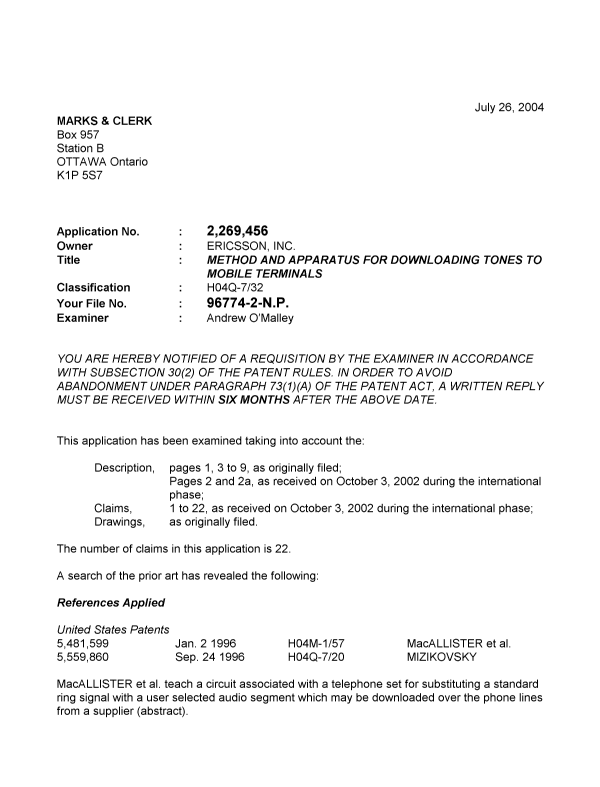Canadian Patent Document 2269456. Prosecution-Amendment 20040726. Image 1 of 2