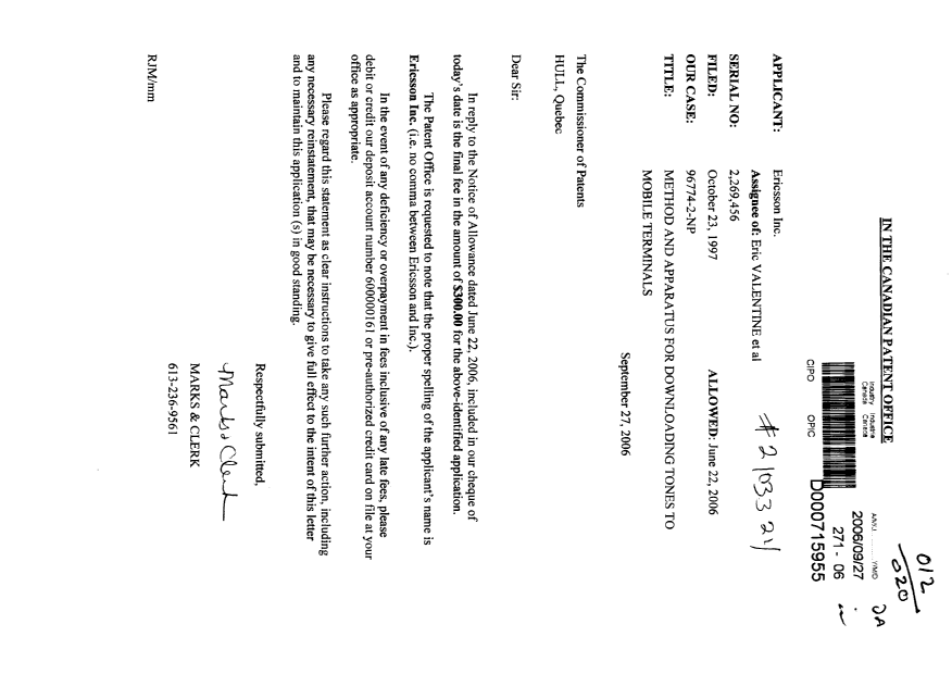 Document de brevet canadien 2269456. Correspondance 20060927. Image 1 de 1