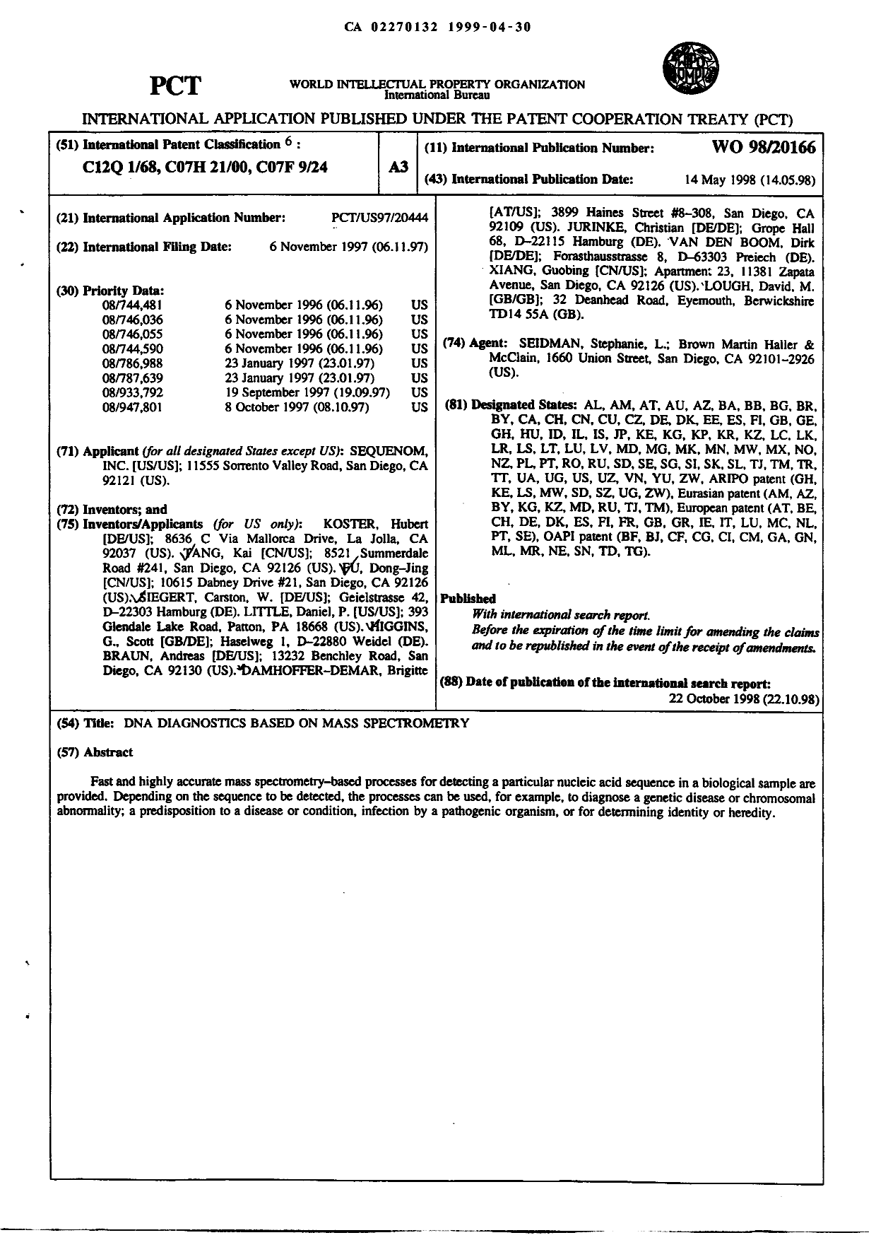 Document de brevet canadien 2270132. Abrégé 19990430. Image 1 de 1