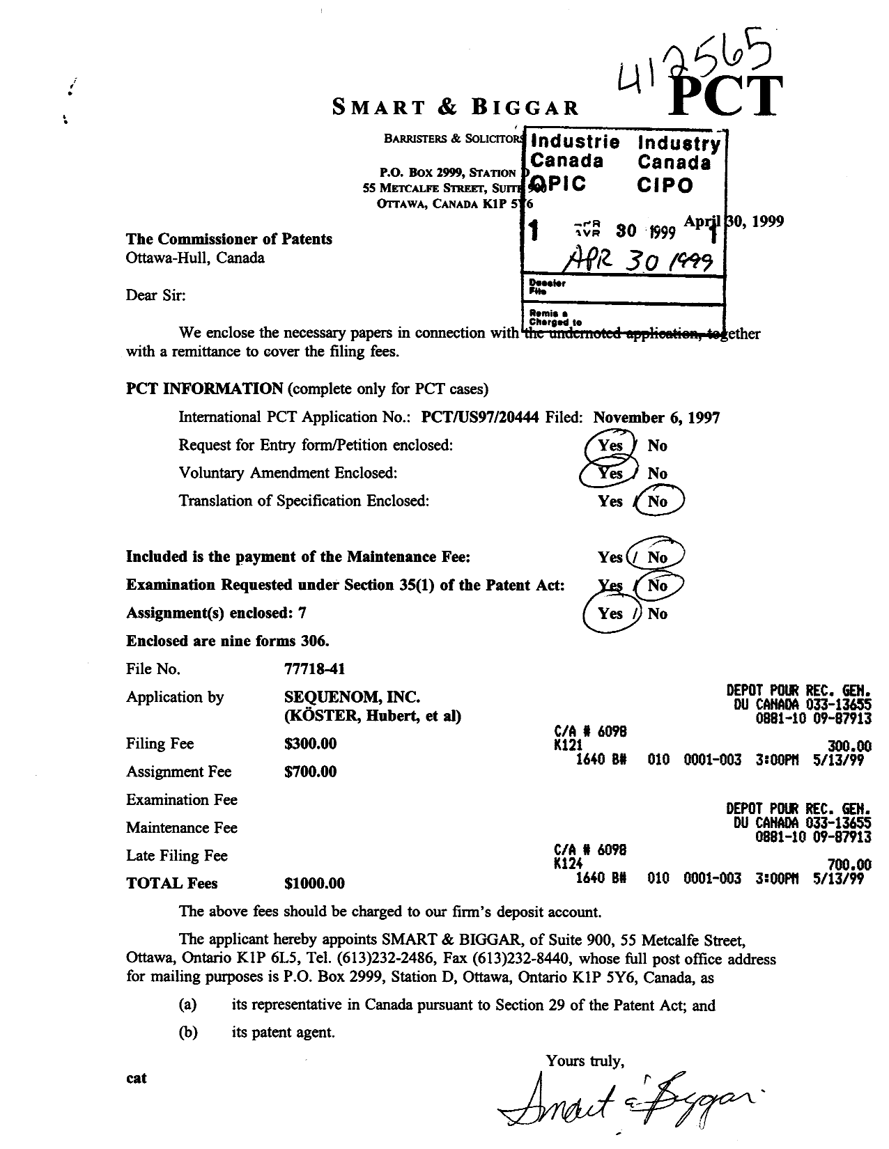 Document de brevet canadien 2270132. Cession 19990430. Image 1 de 21