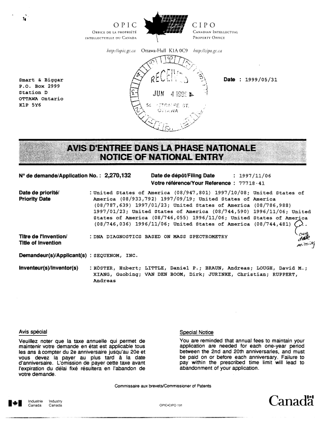 Document de brevet canadien 2270132. Correspondance 19990622. Image 2 de 2