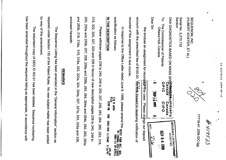 Document de brevet canadien 2270132. Correspondance 19990913. Image 1 de 35