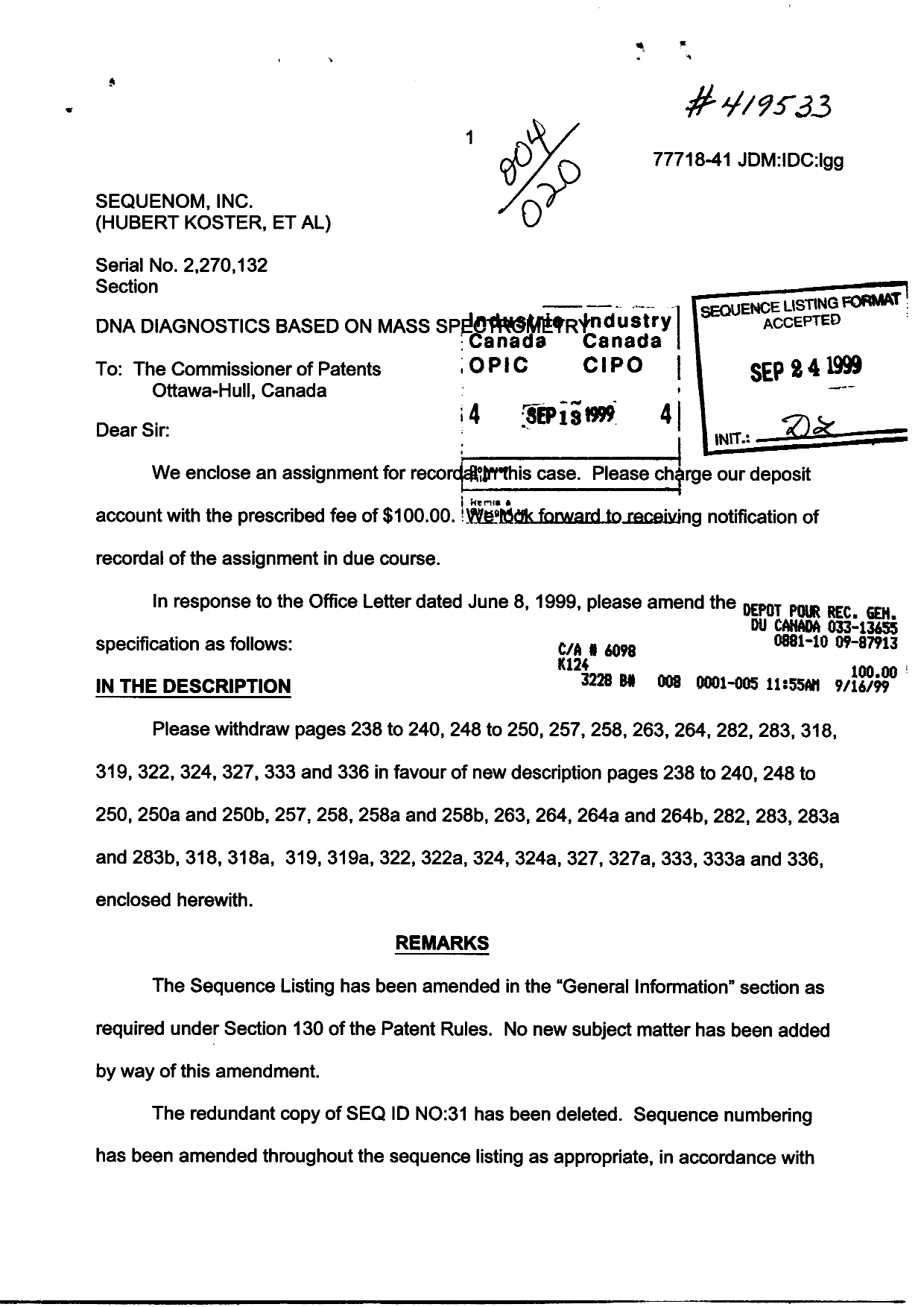 Document de brevet canadien 2270132. Cession 19990913. Image 1 de 3