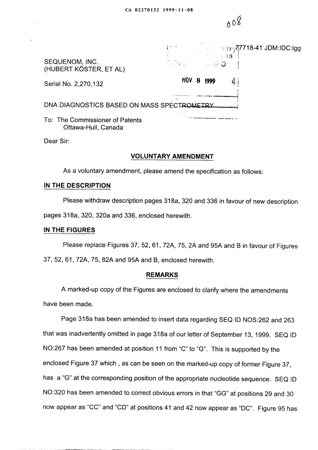 Canadian Patent Document 2270132. Prosecution-Amendment 19991108. Image 1 of 21