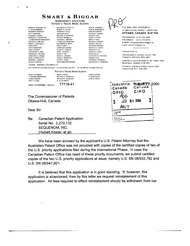 Canadian Patent Document 2270132. Prosecution Correspondence 20000821. Image 1 of 2