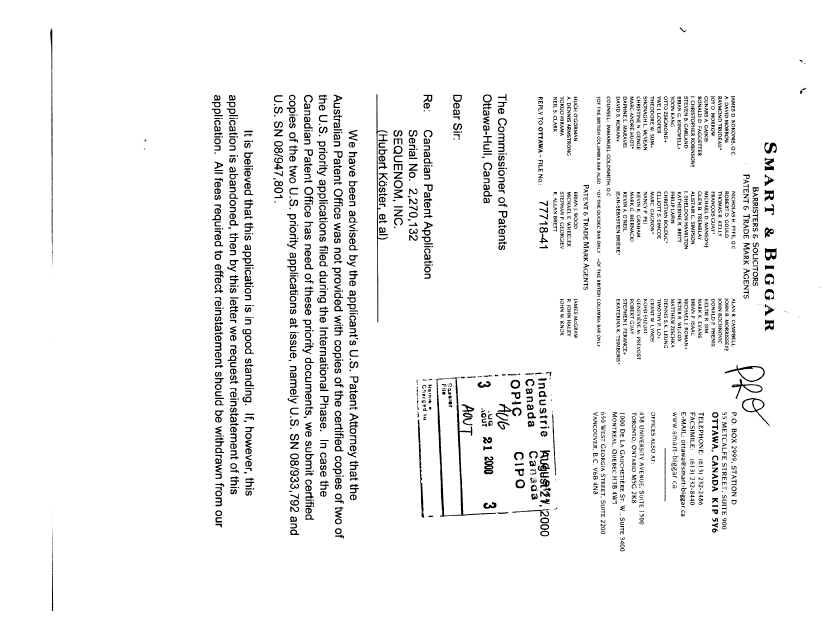 Document de brevet canadien 2270132. Correspondance de la poursuite 20000821. Image 1 de 2