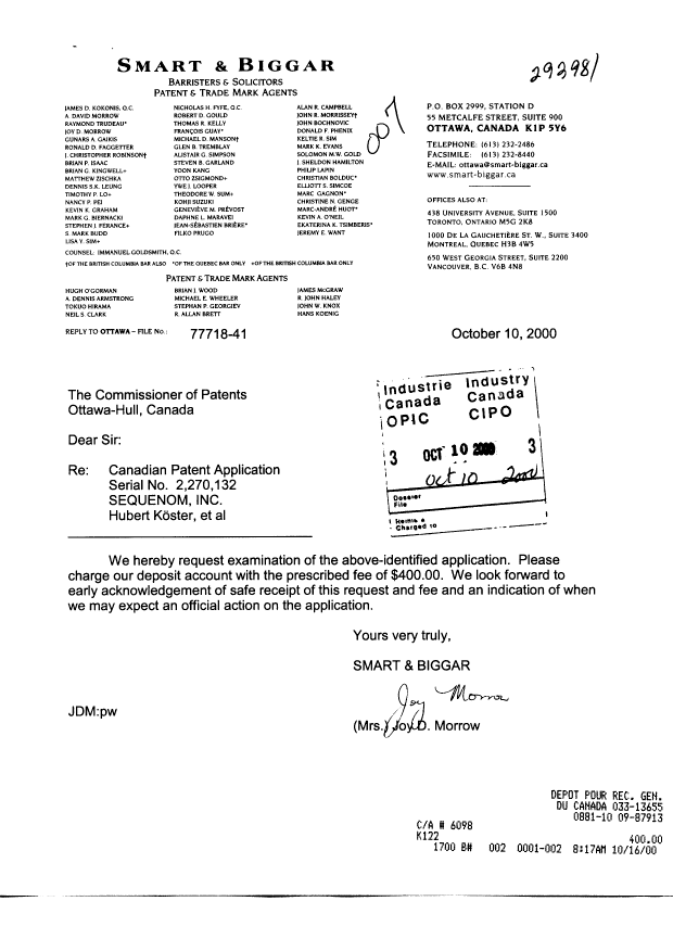 Canadian Patent Document 2270132. Prosecution-Amendment 20001010. Image 1 of 1