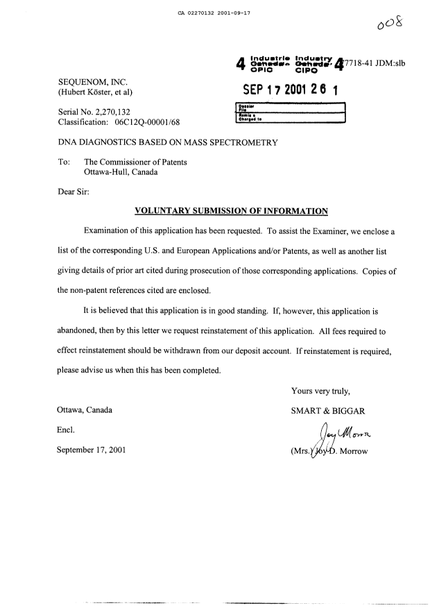 Canadian Patent Document 2270132. Prosecution-Amendment 20010917. Image 1 of 1