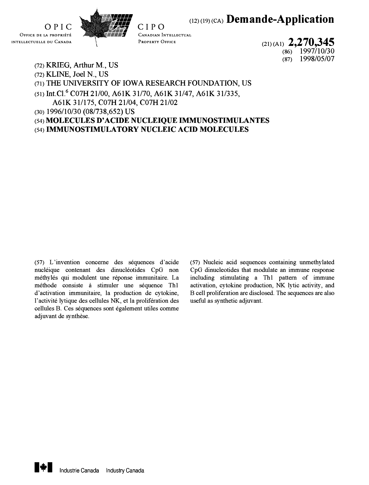 Document de brevet canadien 2270345. Page couverture 19990630. Image 1 de 1