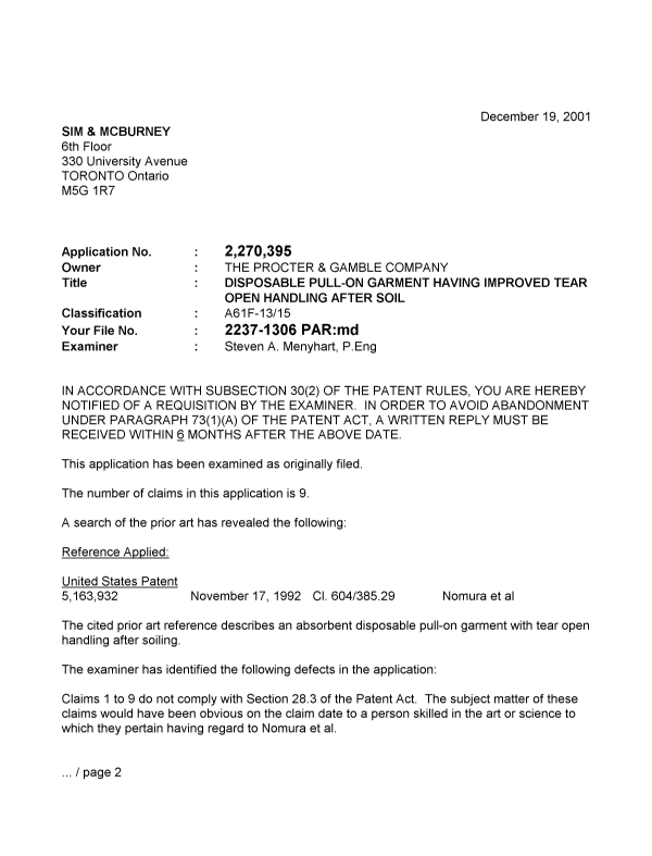 Canadian Patent Document 2270395. Prosecution-Amendment 20011219. Image 1 of 2