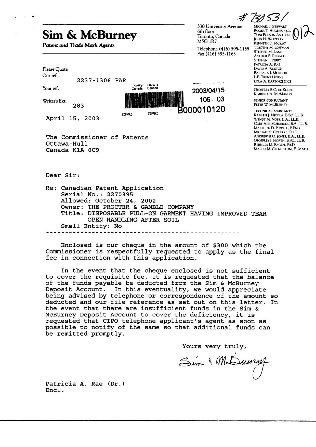 Canadian Patent Document 2270395. Correspondence 20030415. Image 1 of 1