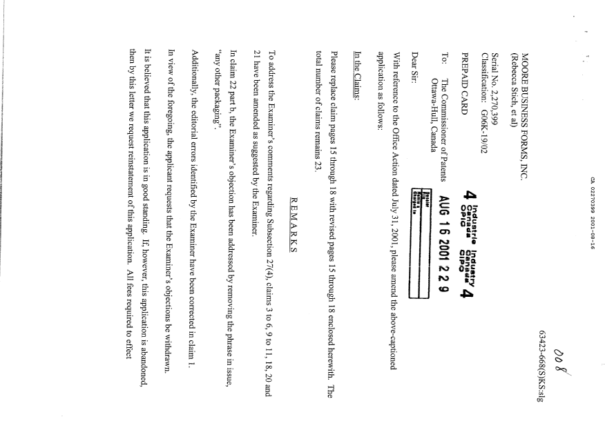 Document de brevet canadien 2270399. Poursuite-Amendment 20010816. Image 1 de 6