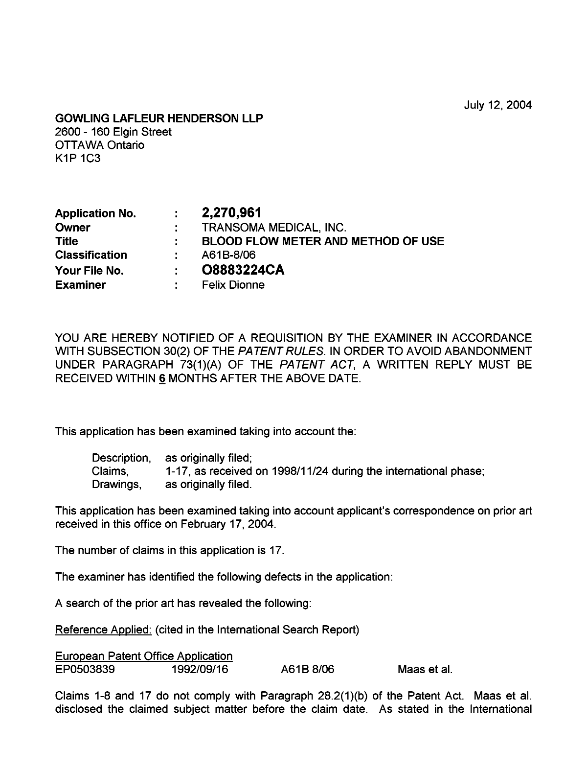 Document de brevet canadien 2270961. Poursuite-Amendment 20040712. Image 1 de 3