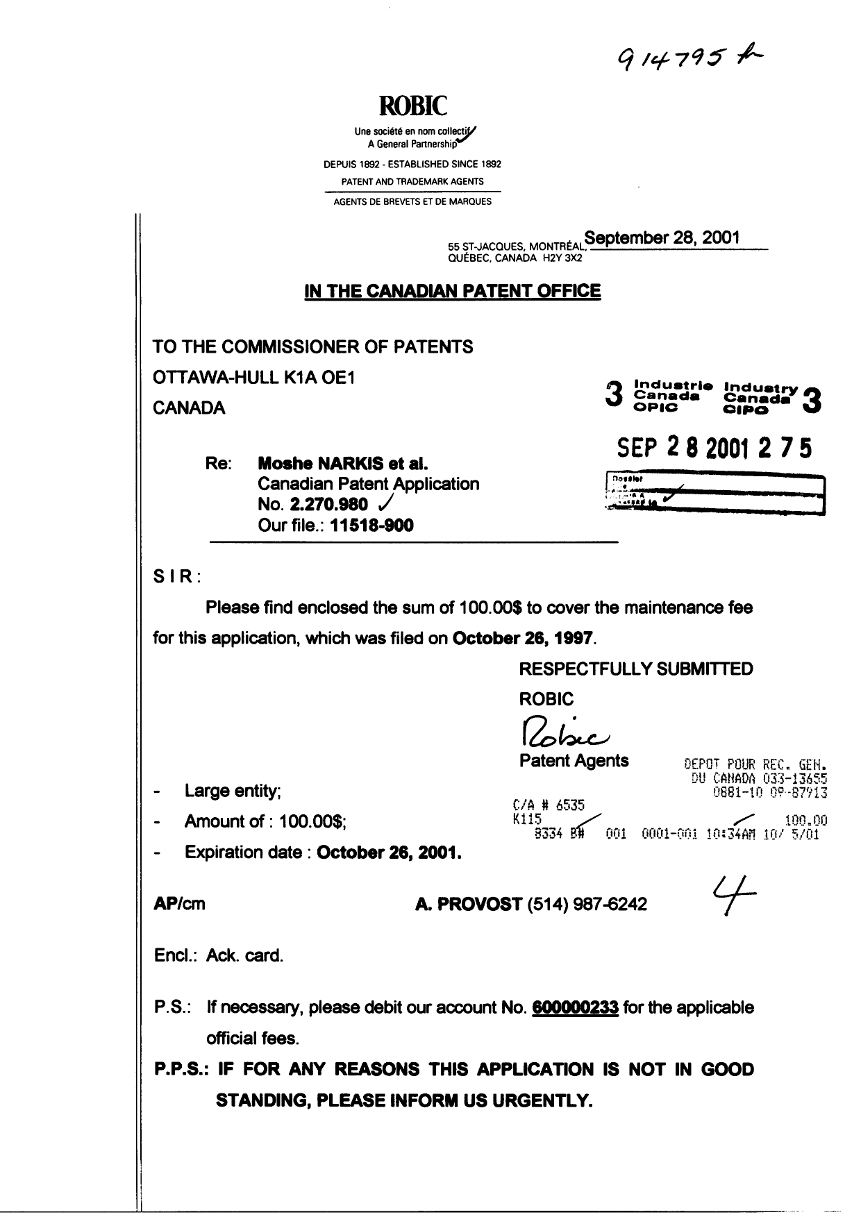 Document de brevet canadien 2270980. Taxes 20010928. Image 1 de 1