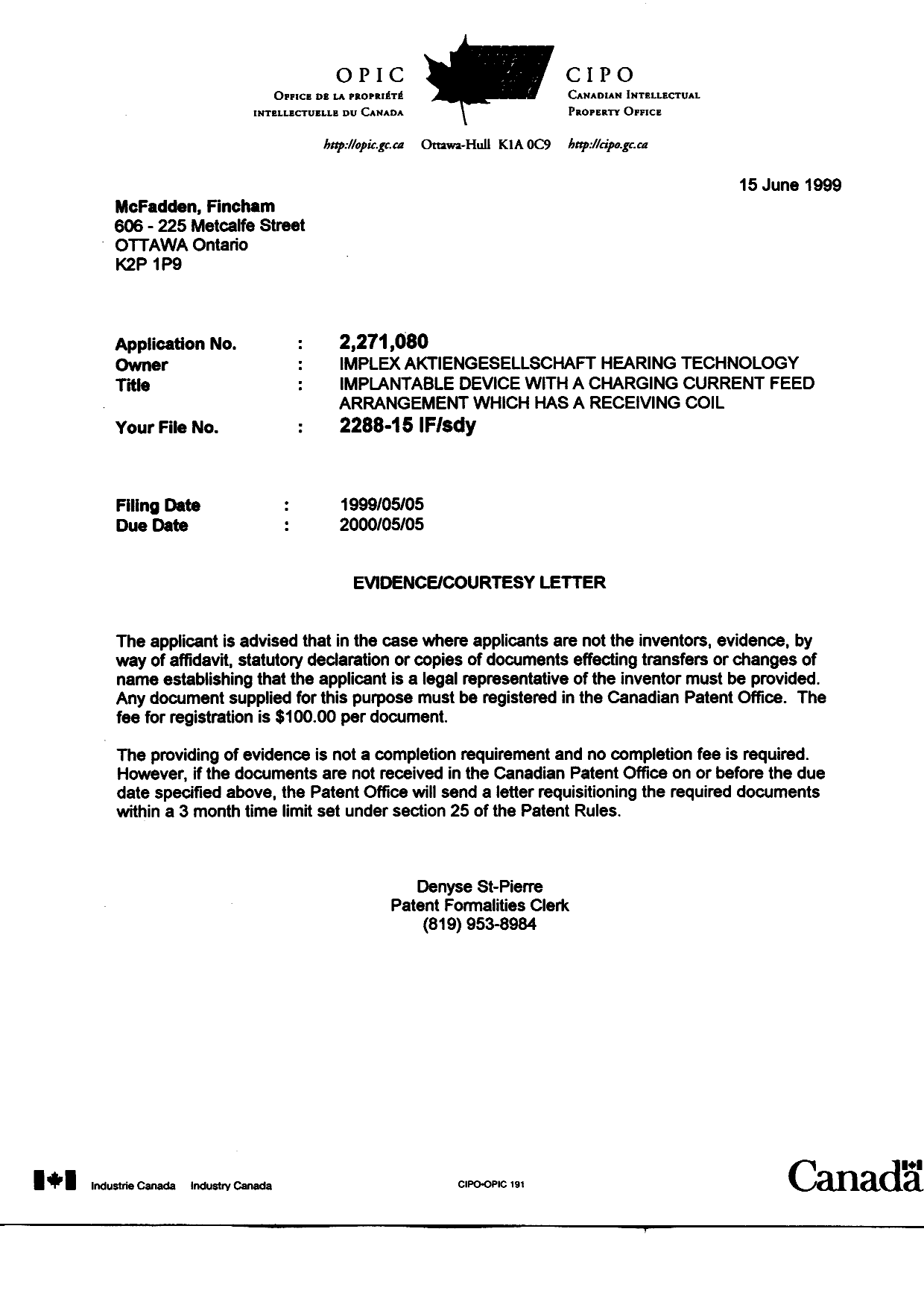 Document de brevet canadien 2271080. Correspondance 19990611. Image 1 de 1