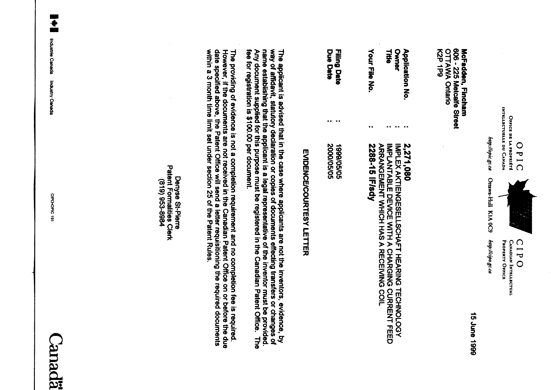Canadian Patent Document 2271080. Correspondence 19990611. Image 1 of 1