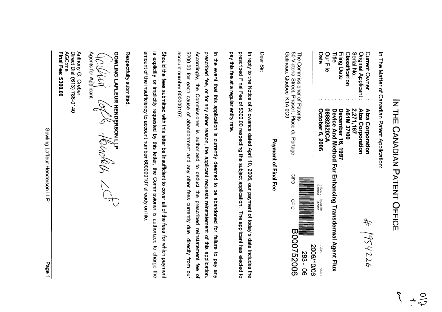 Canadian Patent Document 2271167. Correspondence 20061006. Image 1 of 1
