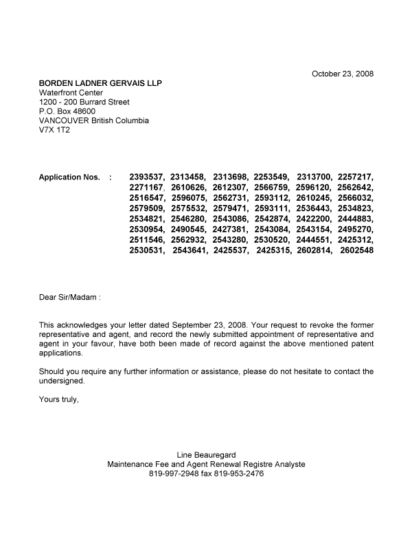 Document de brevet canadien 2271167. Correspondance 20081023. Image 1 de 1