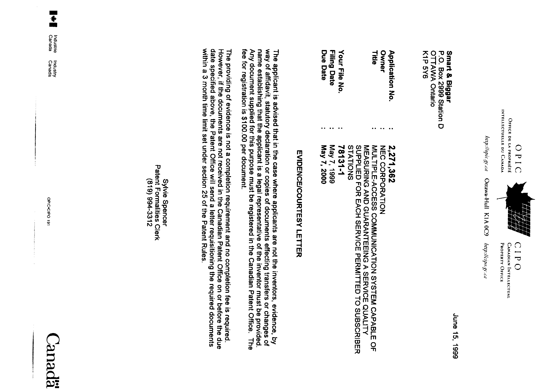 Canadian Patent Document 2271362. Correspondence 19990611. Image 1 of 1