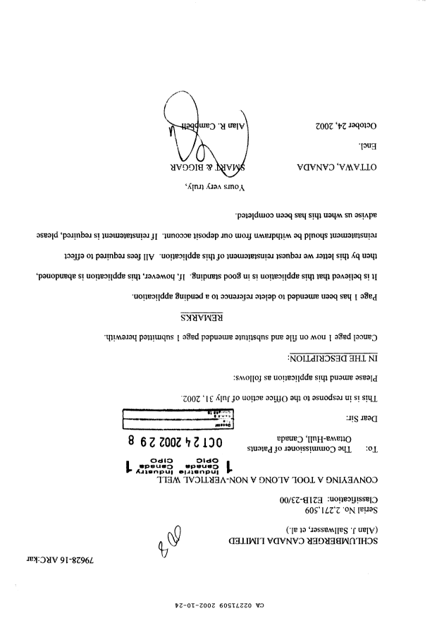 Canadian Patent Document 2271509. Prosecution-Amendment 20021024. Image 1 of 2