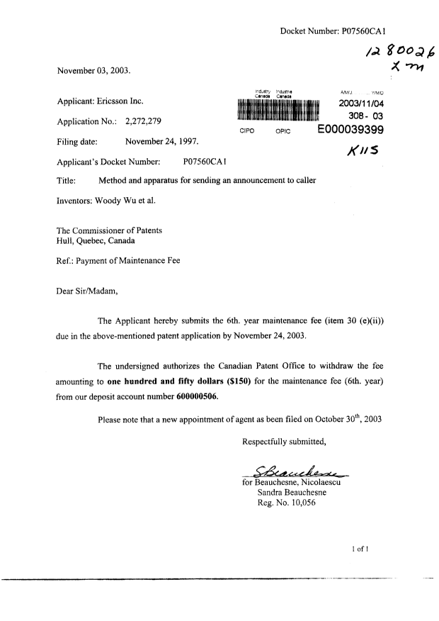 Document de brevet canadien 2272279. Taxes 20031104. Image 1 de 1