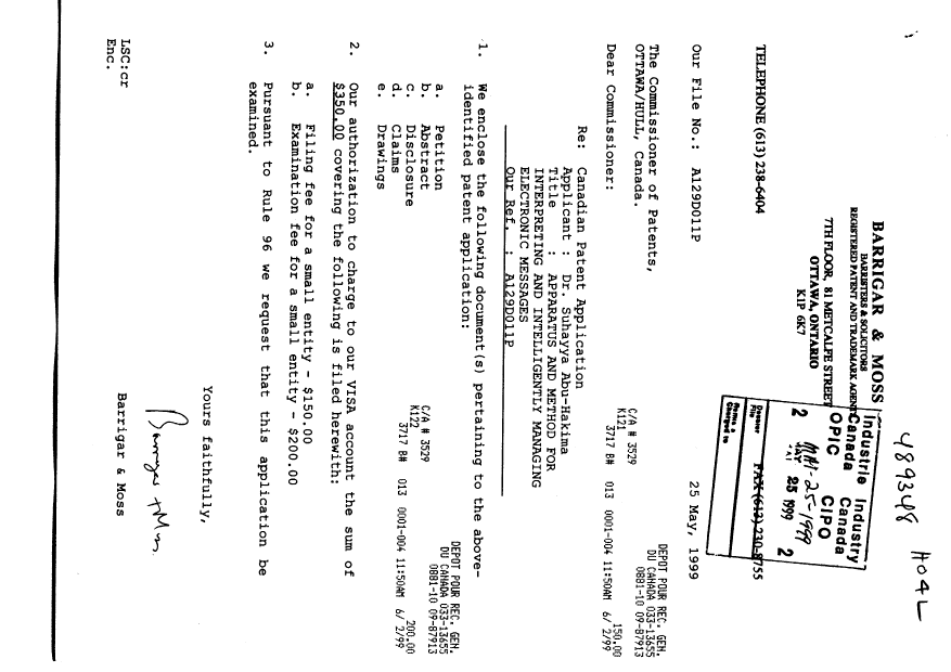 Document de brevet canadien 2272739. Cession 19990525. Image 1 de 3