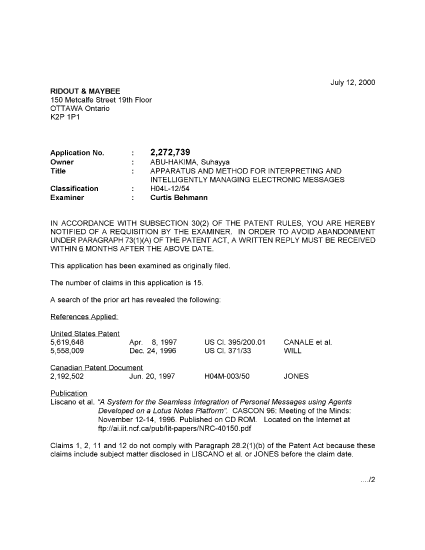 Canadian Patent Document 2272739. Prosecution-Amendment 20000712. Image 1 of 3