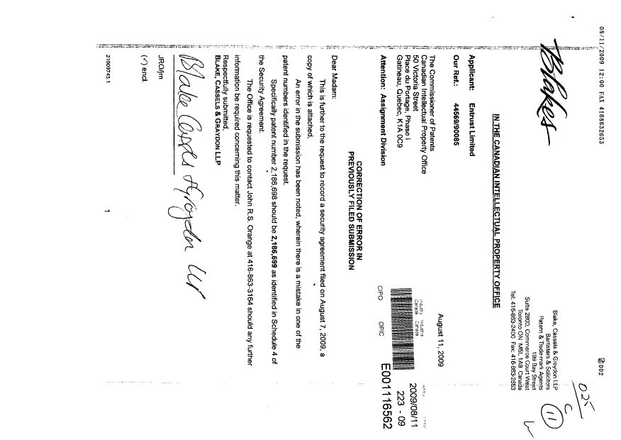 Document de brevet canadien 2272739. Cession 20090811. Image 1 de 4