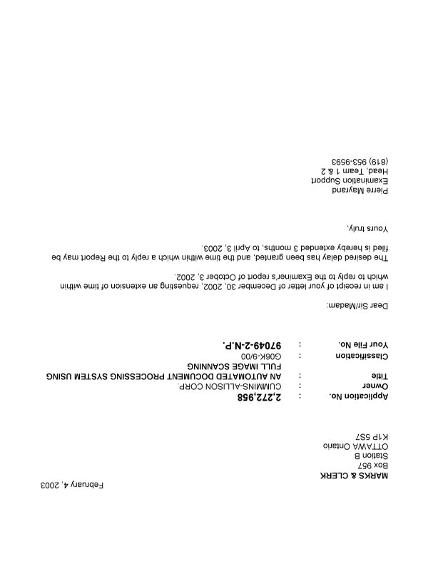 Document de brevet canadien 2272958. Correspondance 20030204. Image 1 de 1