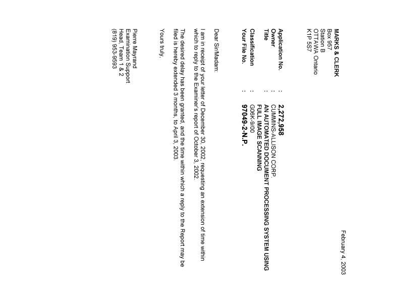 Canadian Patent Document 2272958. Correspondence 20030204. Image 1 of 1