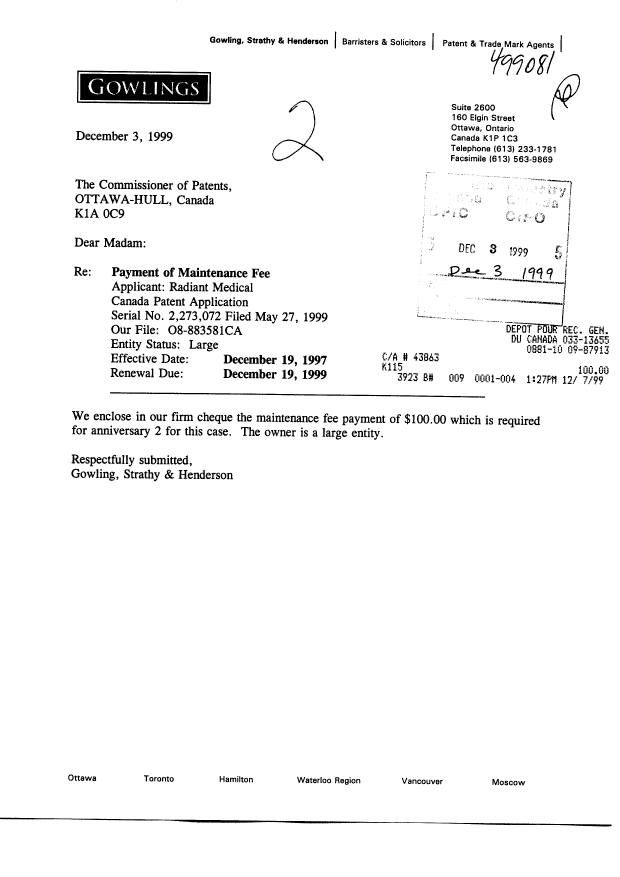 Document de brevet canadien 2273072. Taxes 19991203. Image 1 de 1