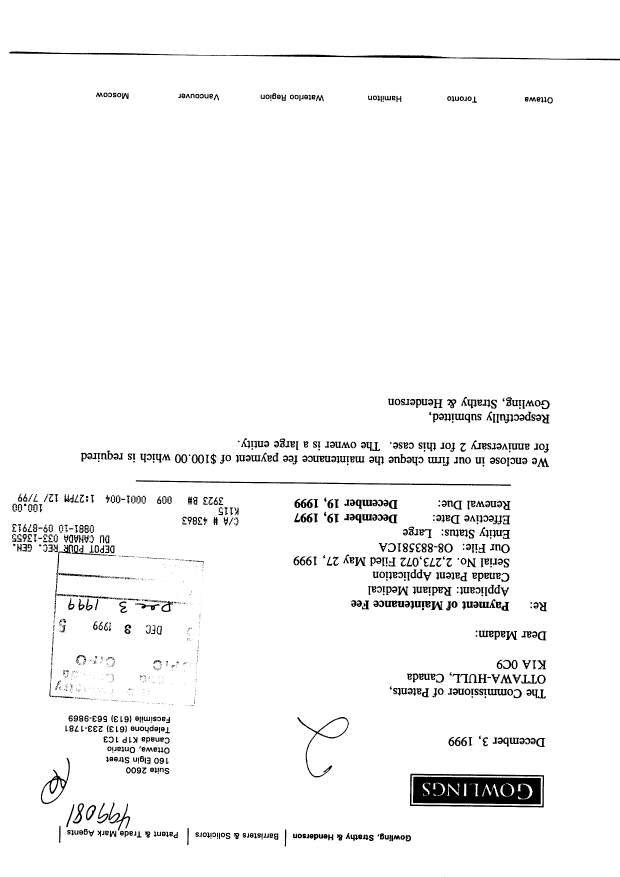 Canadian Patent Document 2273072. Fees 19991203. Image 1 of 1