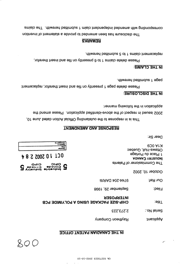 Canadian Patent Document 2273223. Prosecution-Amendment 20021010. Image 1 of 5