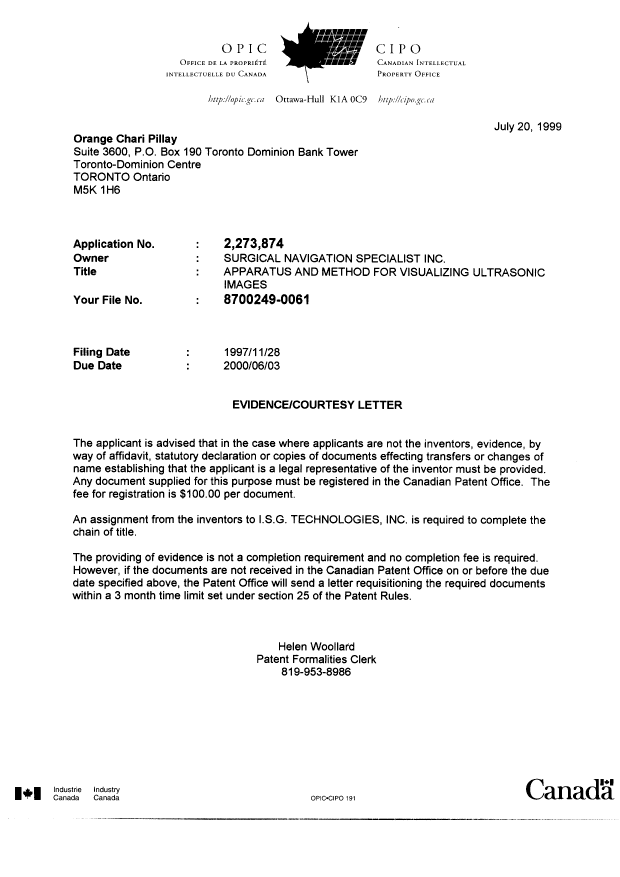 Canadian Patent Document 2273874. Correspondence 19990720. Image 1 of 1