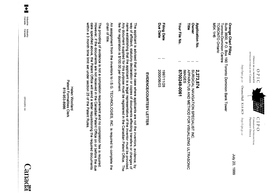 Document de brevet canadien 2273874. Correspondance 19990720. Image 1 de 1