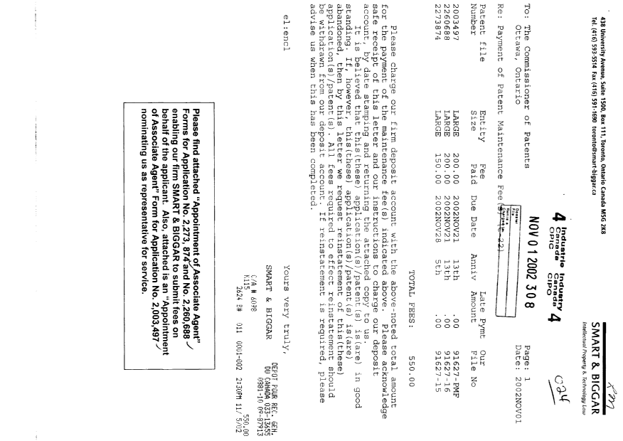 Document de brevet canadien 2273874. Correspondance 20021101. Image 1 de 4