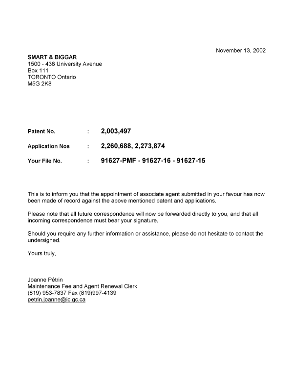 Canadian Patent Document 2273874. Correspondence 20021113. Image 1 of 1