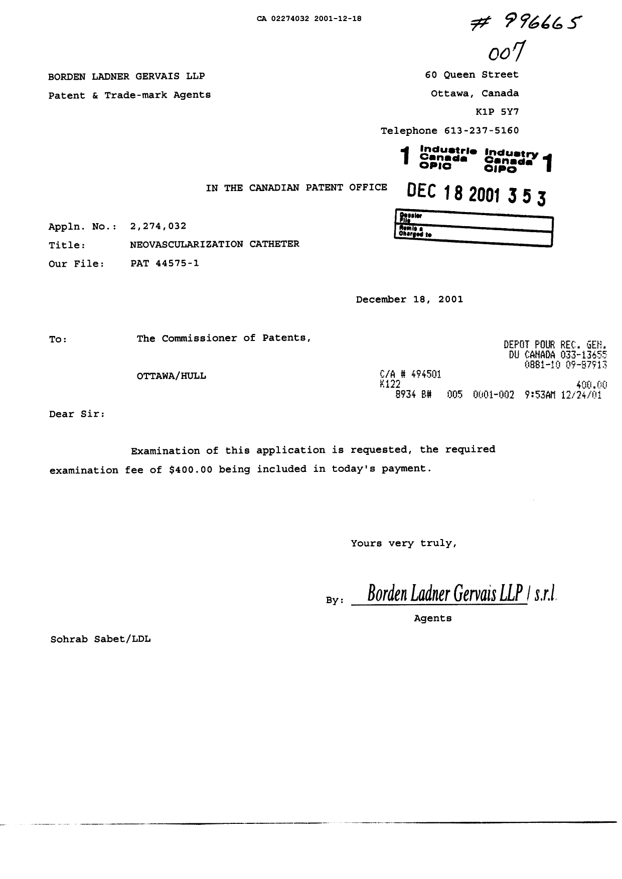 Canadian Patent Document 2274032. Prosecution-Amendment 20011218. Image 1 of 1