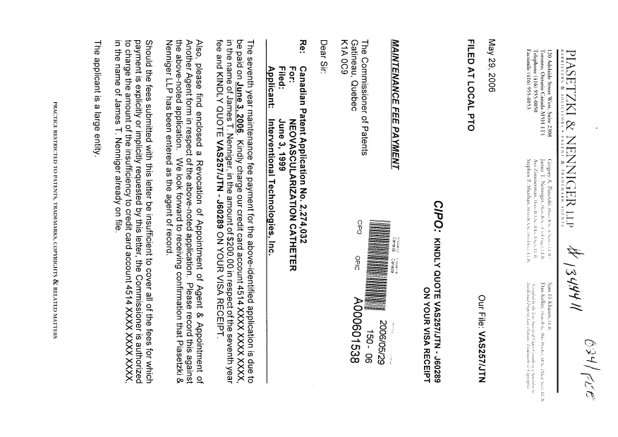 Document de brevet canadien 2274032. Correspondance 20060529. Image 1 de 3