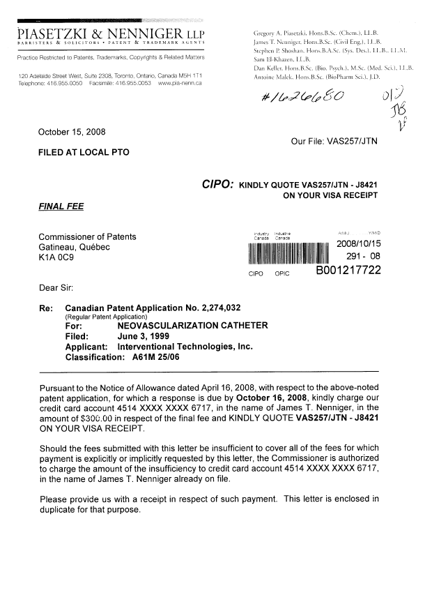 Document de brevet canadien 2274032. Correspondance 20081015. Image 1 de 2