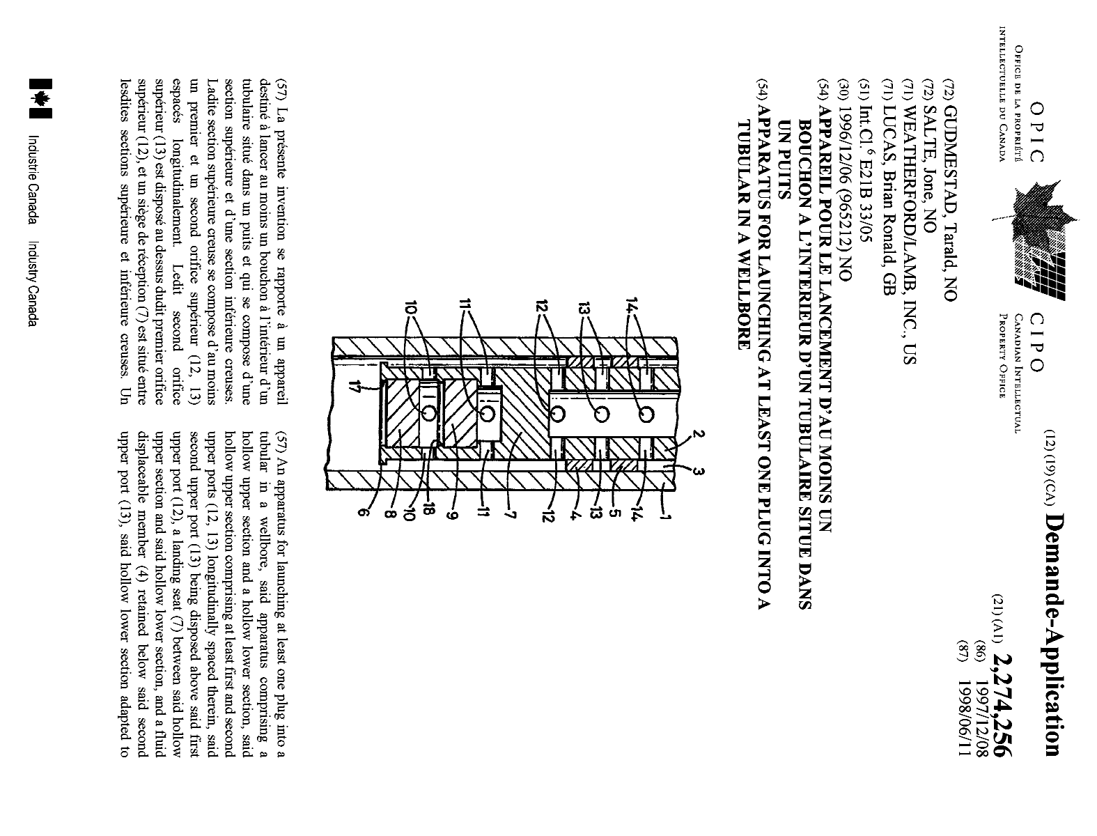 Canadian Patent Document 2274256. Cover Page 19990826. Image 1 of 2