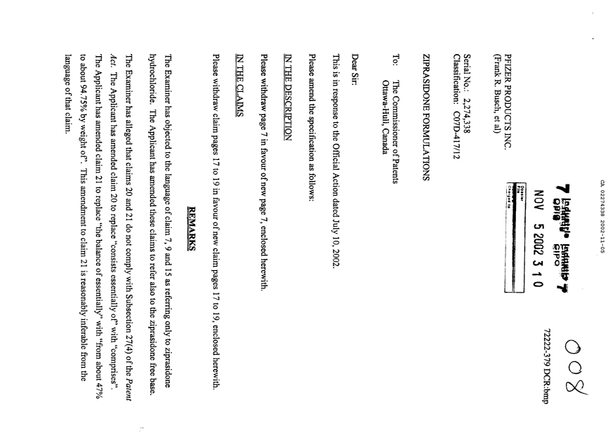 Canadian Patent Document 2274338. Prosecution-Amendment 20021105. Image 1 of 7