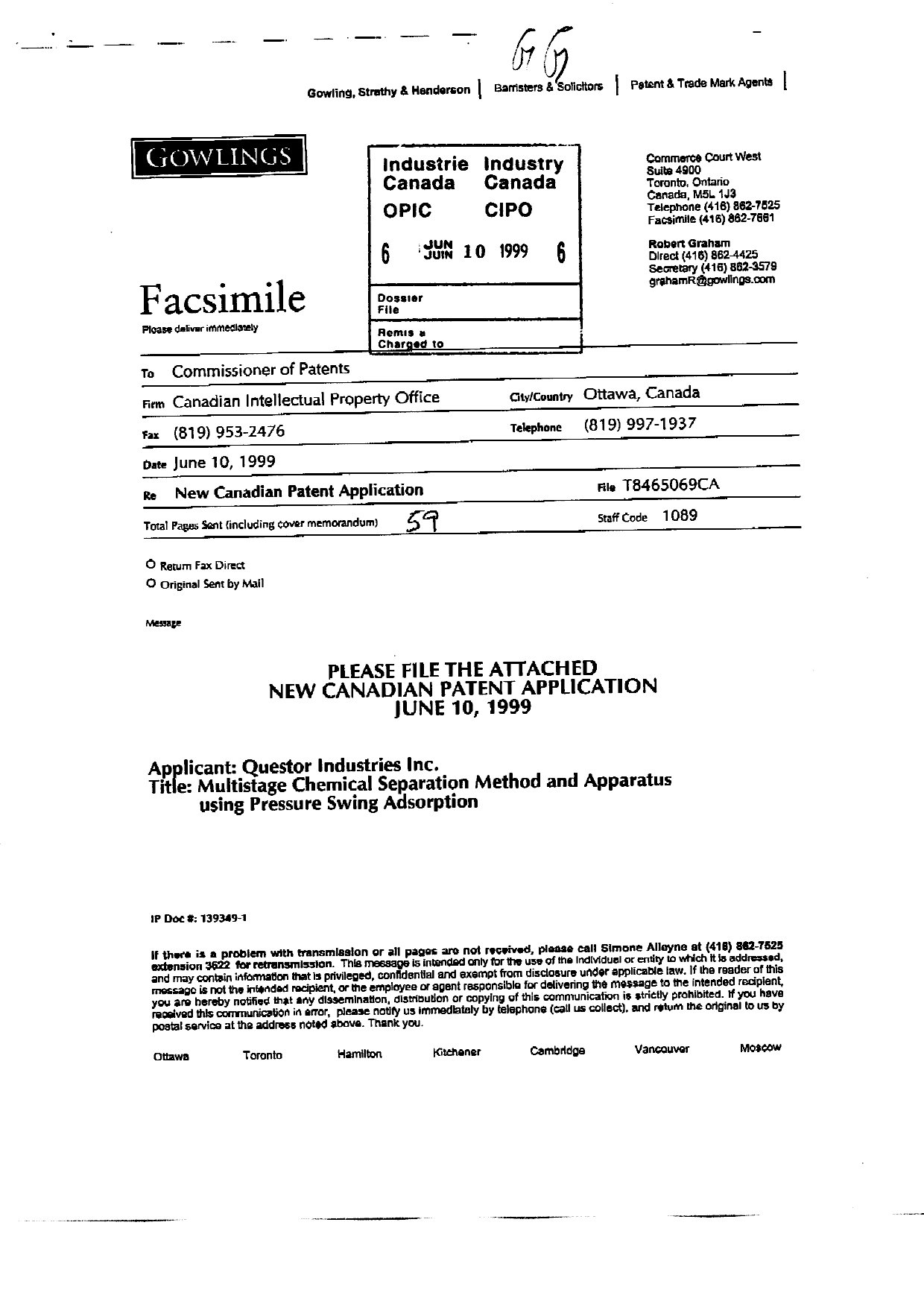 Document de brevet canadien 2274390. Cession 19990610. Image 1 de 4