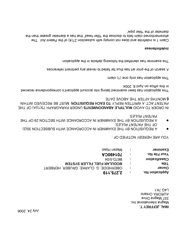 Canadian Patent Document 2275119. Prosecution-Amendment 20060724. Image 1 of 3