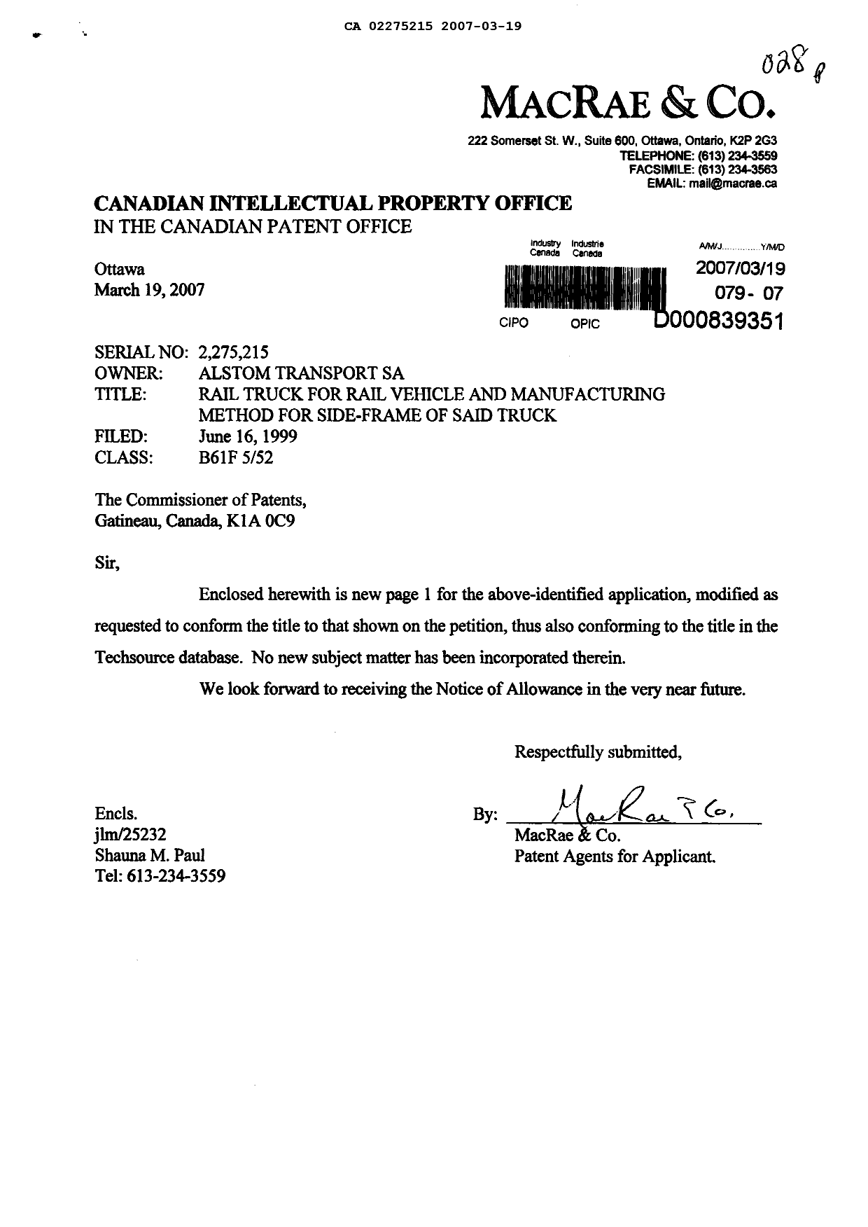 Canadian Patent Document 2275215. Correspondence 20070319. Image 1 of 2