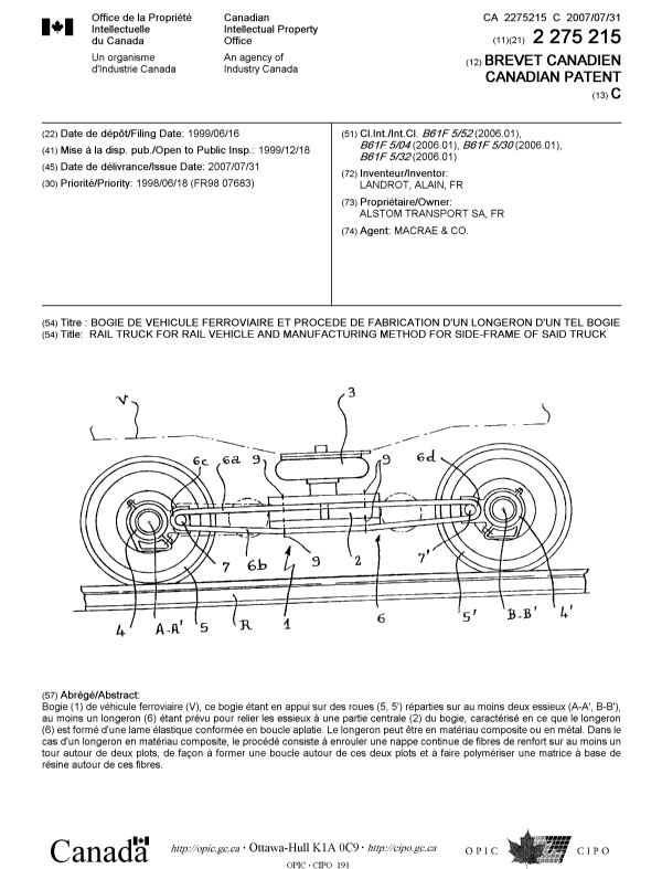 Document de brevet canadien 2275215. Page couverture 20070710. Image 1 de 1